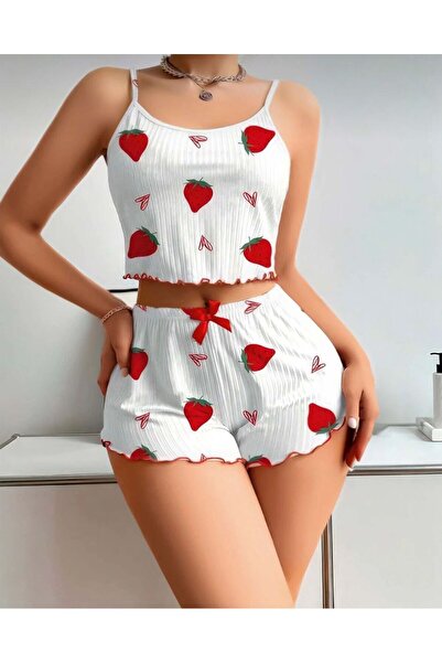 MOR SUBVAY Γυναικείο σετ πιτζάμες με λευκό βαμβακερό βολάν και σορτς με σχέδι...