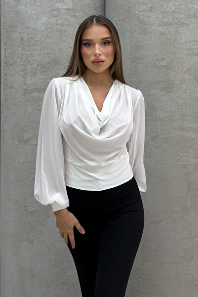 Feminist Uzun Kol Degaje Yaka Bluz Beyaz 4202512