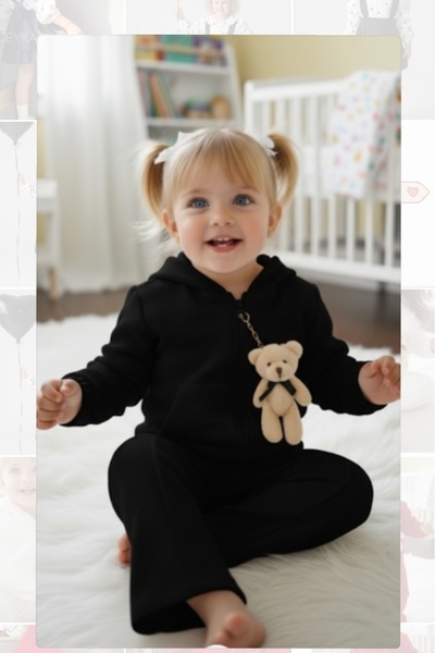 Tinypeople طقم شتوي للفتيات مكون من 3 قطع مع تفاصيل دببة صغيرة، طقم ريبانة عل...