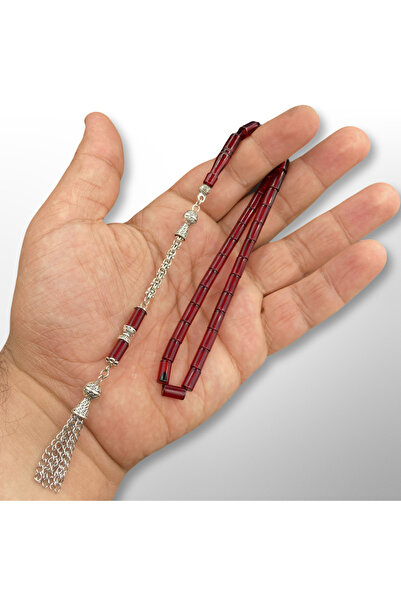 Kt 5x8 mm. KESME ATEŞ KEHRİBAR TESBİH GÜMÜŞ KAPLAMA PÜSKÜLLÜ