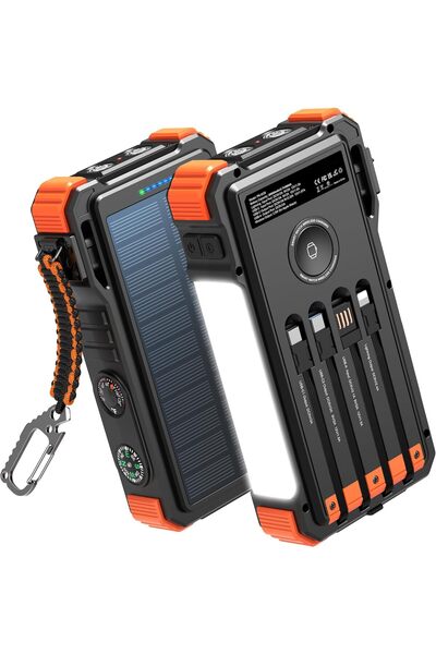 wastde 26800mAh Solar Power Bank, 20W USB-C Fast Charging with 4 Built-In Cables, Wireless Charging