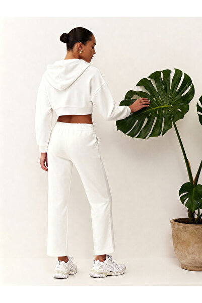 ALİKA Casi̇ Women's Hooded V-Neck Pipe Leg Sweatpants Set