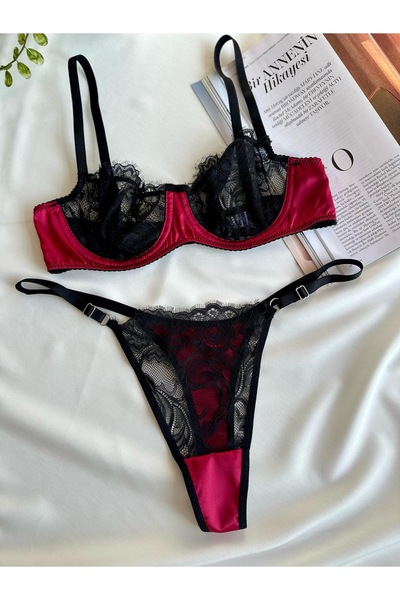 BLUE AVCI LINGERIE Γυναικείο Σετ Εσωρούχων Μαύρο Βουργουνδίας με Στριγκάκια κ...