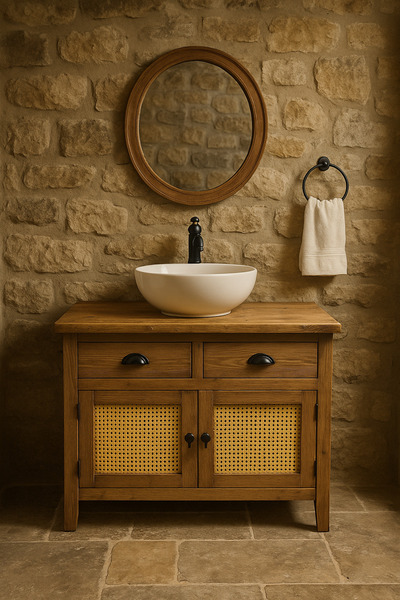 retron atölye woodworks Masif hazeran kapaklı banyo dolabı ahşap rattan