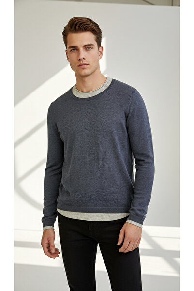 Digz fashion Blue-Grey Combed Cotton Detailed Knitwear Sweater