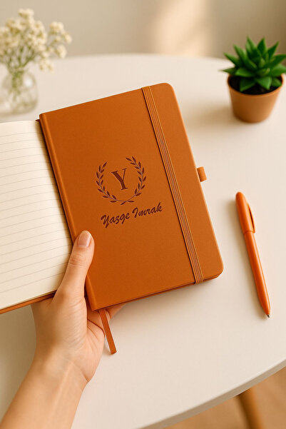 Mio Life Kişiye Özel Turuncu Deri Defter Kalem Seti - 80 Sayfa Çizgili Defter