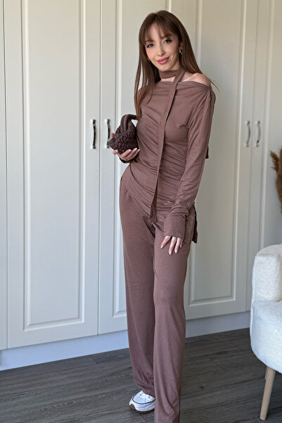 Dilay Gökoğlu Butik Asymmetrical Collar Scarf Cinnamon Set