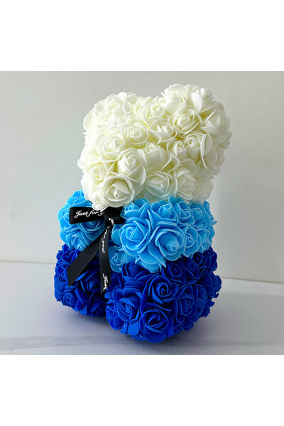 velve Ursulet Floral Teddy Bear Rainbow cu trandafiri din spuma hand-made, 25 cm, in cutie cadou, Albastru