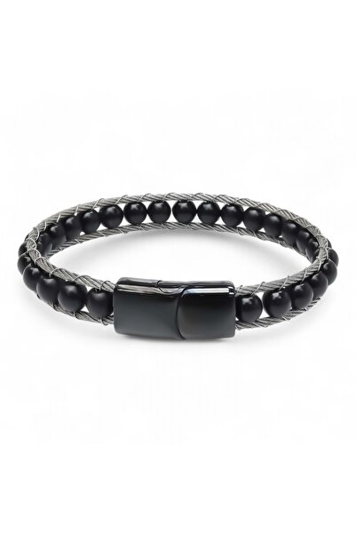 FM Onyx Natural Stone and Steel Rope Braided Bracelet 31832B2Dh1
