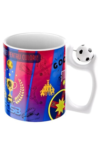 T&M Personalizare Cană personalizată - FCSB, Fotbal, Suporter, cu minge de fotbal, albă, ceramică, 330 ml, v9