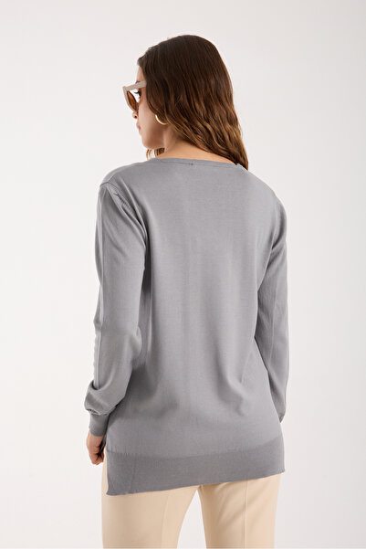 Moda Days Women's Gray Elite Viscose Fabric Stone Detailed Sequin Trim Side Slit V-Neck Knitwear Blouse