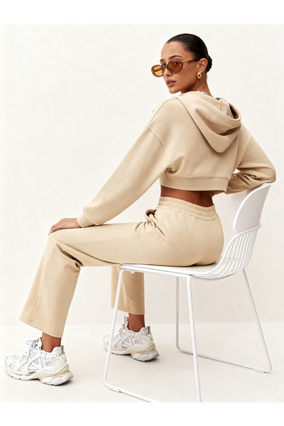 ALİKA Casi̇ Women's Hooded V-Neck Pipe Leg Sweatpants Set