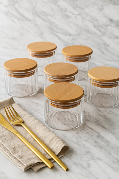 ZURİ DESİGN Airtight 6-Piece Striped Glass Breakfast Vacuum Lid Jar Set - 365 ml