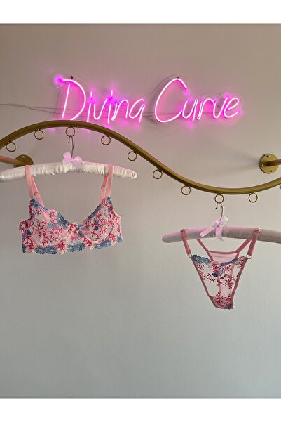 BLUE AVCI LINGERIE Σετ εσώρουχα με διάφανο σουτιέν με ροζ λουλουδάτο σχέδιο B...