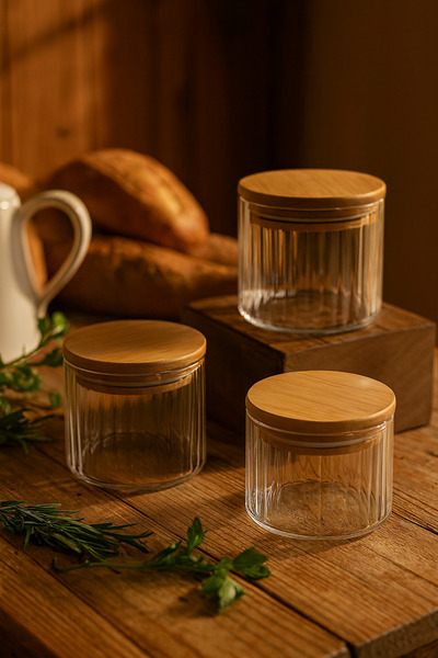 ZURİ DESİGN Airtight 3-Piece Striped Glass Breakfast Vacuum Lid Jar Set - 365 ml