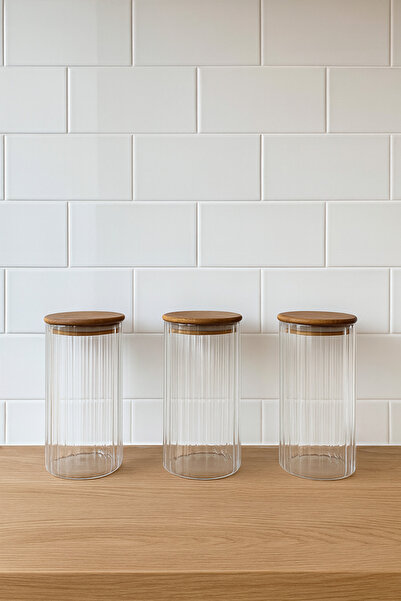 ZURİ DESİGN Airtight 3-Piece Striped Glass Breakfast Vacuum Lid Jar Set - 1095 ml