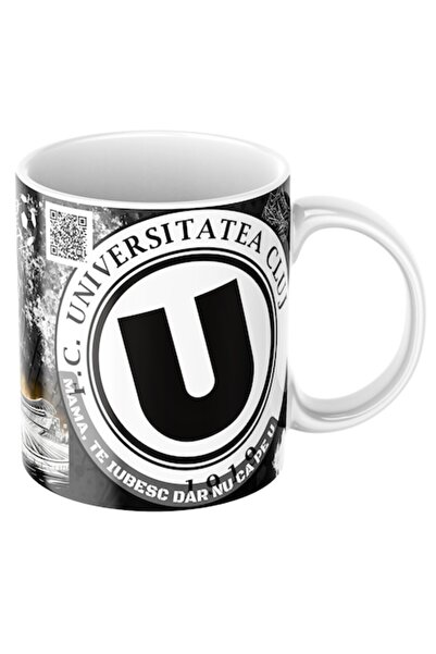 T&M Personalizare Cană personalizată - U Cluj, Fotbal, cu cod QR pentru imn, suporter, albă, ceramică, 330 ml