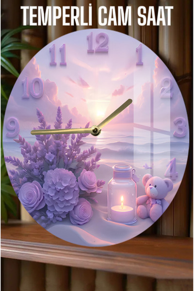 kutuTR Mor Çiçekli & Ayıcık Figürlü Temperli Cam Duvar Saati 33 cm CSDW458