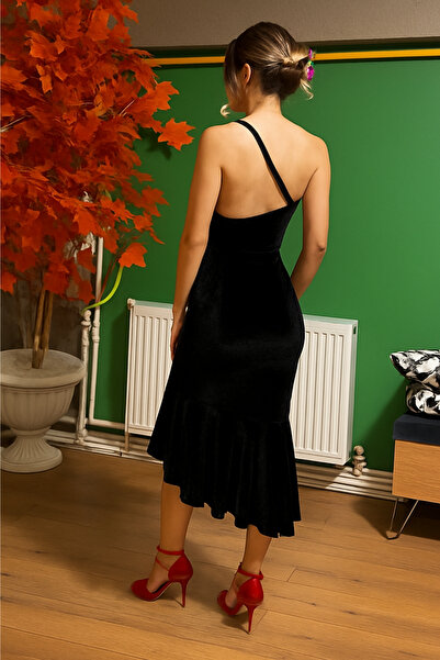 Due Stelle Velvet One Shoulder Tango Dress – Asymmetrical Ruffle Latin Dance Dress