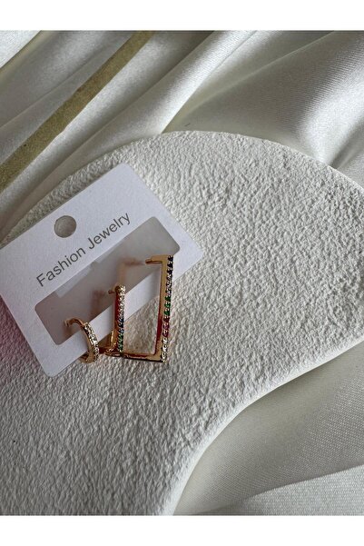 H&S AKSESUAR Altın Kaplama Renkli Zirkon Işleme 3 Lı Küpe Set