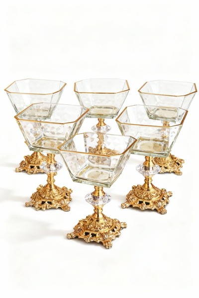 Elta Collection طقم من 6 قطع من أوعية الماغنوليا المعدنية ذات الأرجل الذهبية مع تفاصيل ذهبية وحامل آيس كريم / وعاء سكر