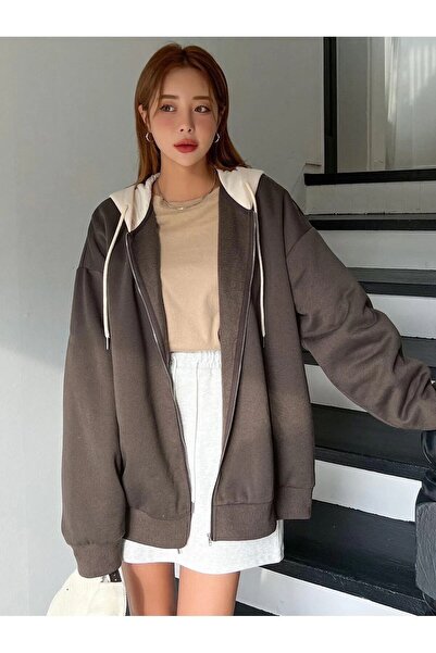 NoVibe Plus Size Brown Hooded Beige Unprinted 3 thread Oversize Fleece Jacket...