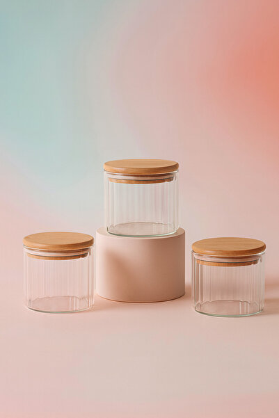 ZURİ DESİGN Airtight 3-Piece Striped Glass Breakfast Vacuum Lid Jar Set - 365 ml