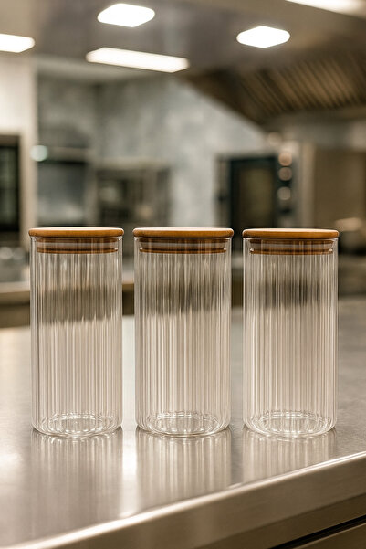 ZURİ DESİGN Airtight 3-Piece Striped Glass Breakfast Vacuum Lid Jar Set - 1095 ml