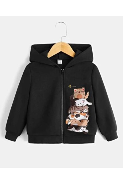NoVibe Black Cute Cats Printed Girls/Boys Cardigan cats