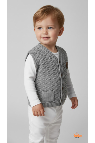Trend Bebe Butik Erkek Bebek Örgü Yelek Düğmeli Cepli Triko Süveter Armalı Gri Yelek