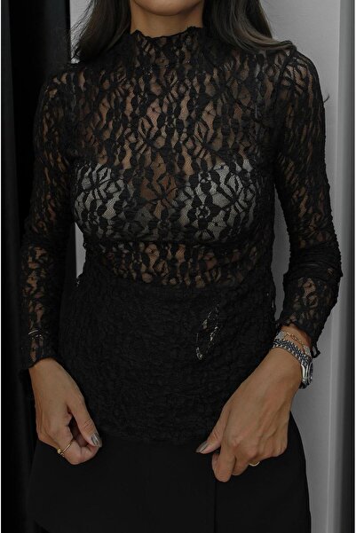 Havoş Black Half Fisherman Lace Blouse