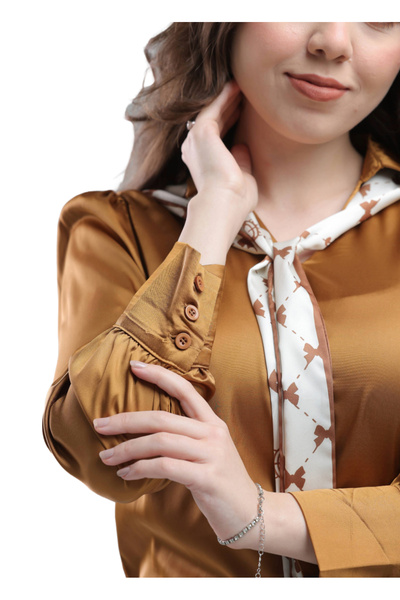 SUGA Women's Satin Long Sleeve Blouse with Neck Belt