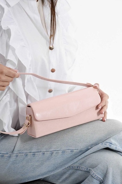 Grsbags Pink Leather Small Baguette Women's Hand and Shoulder Bag