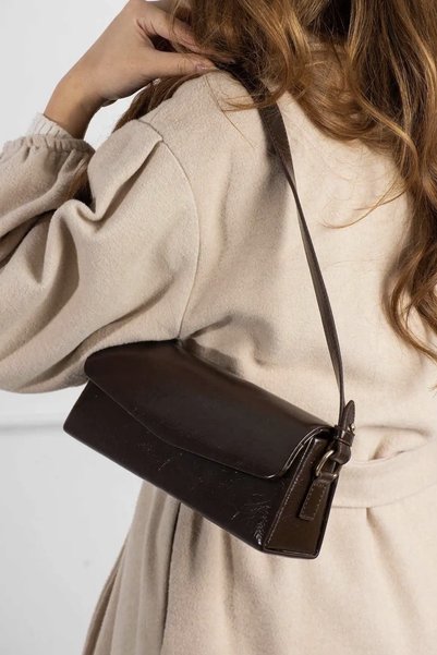 Grsbags Brown Leather Small Baguette Women's Hand and Shoulder Bag