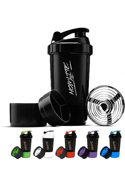 Generic زجاجة رج البروتين - كوب خلط مانع للانزلاق بثلاث طبقات، قابل للفك والغلق، مزود بمكمل غذائي وحبوب.