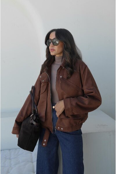 Havoş Καφέ σουέτ μπουφάν με λεπτομέρεια τσέπης