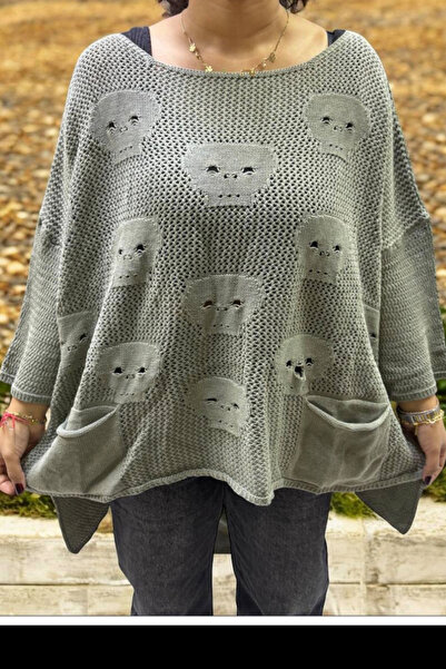 AYASOFYA OTANTIK Women's Dark Beige Skull Bag Pocket Detailed Vintage Knitwear Loose Blouse Sweater