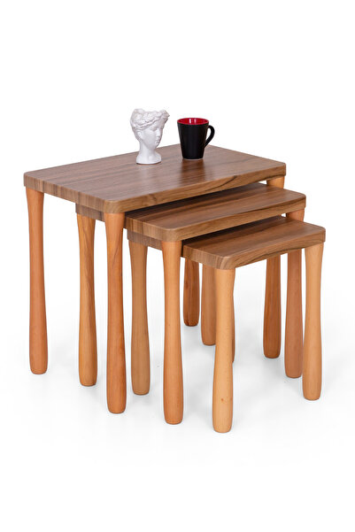 Mobievim Eylül 3’lü Zigon Sehpa Seti – Ceviz Renk, MDF Üst Tabla, Gürgen Ahşa...