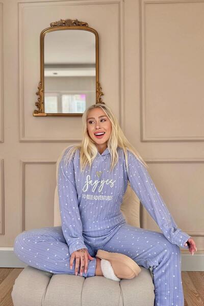 Pijamaevi Mavi Yes Desenli Kapşonlu Peluş Polar Pijama Takımı