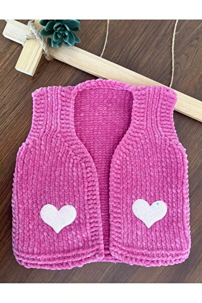 bebiktanem Pembe Kalpli El Örgüsü Kadife Pofuduk Yelek