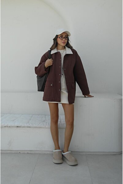 Havoş سترة مبطنة بياقة مخملية بنية اللون