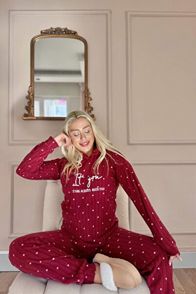 Pijamaevi Σετ πιτζάμες με κουκούλα από βελούδινο φλις με σχέδιο μπορντό