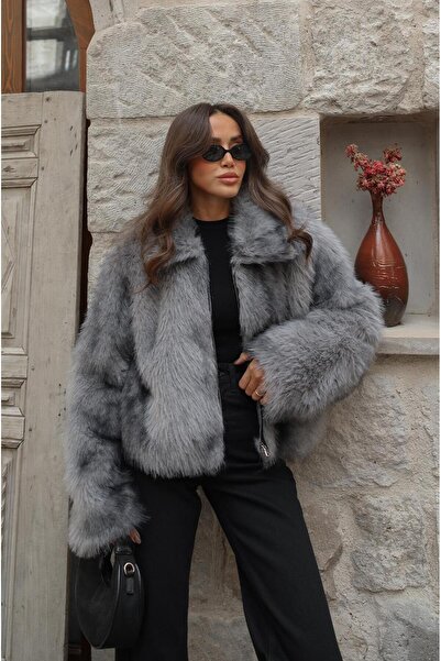 Havoş Gray Front Zippered Faux Fur Jacket