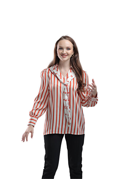 SUGA Women's Satin Striped Long Sleeve Blouse with Foulard