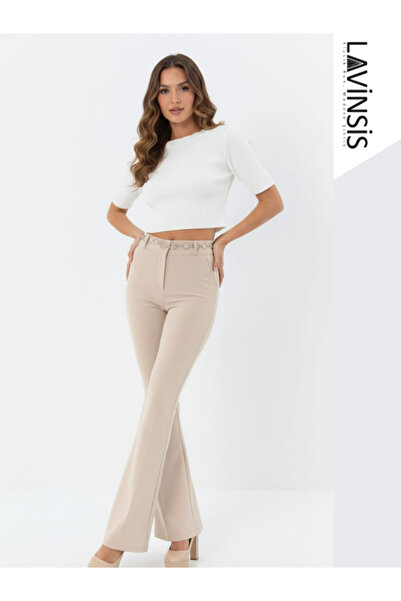 lavinsis Yüksek Bel İspanyol Paça Kadın Pantolon zincir Kemerli