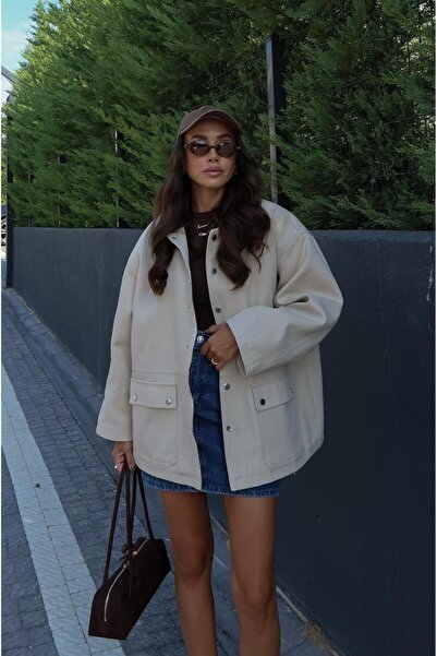 Havoş سترة مبطنة بياقة مخملية بيج اللون