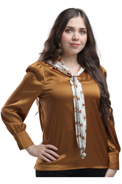 SUGA Women's Satin Long Sleeve Blouse with Neck Belt