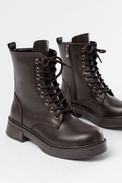 Rainon Store Elegant Steps, All-Day Comfort - 02-356 Brown Flat Heel Lace-Up Zipper Boots