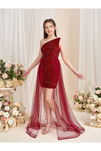 INDRESS STUDIO Kız Çocuk Abiye Bordo Payet Kuyruklu Elbise