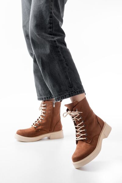 Rainon Store Elegant Steps, All-Day Comfort - 02-356 Tan Suede Flat Heel Lace-Up Zipper Boots
